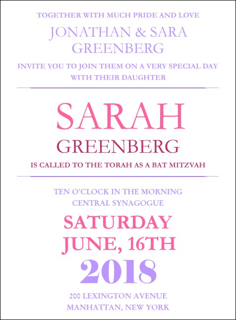 Bat Mitzvah Pink and Lavender Invitation Product Front